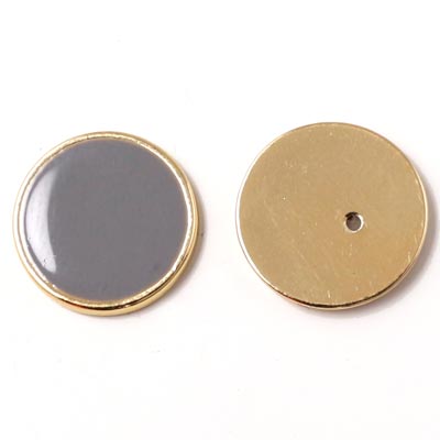 Enamel coin without hole, grey and gilded, 16x2mm, 2pcs.