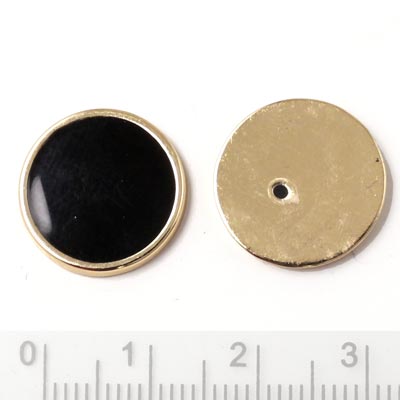 Enamel coin without hole, black and gilded, 16x2mm, 2pcs.
