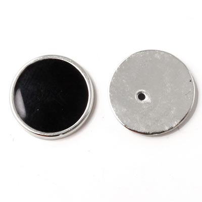Enamel coin without hole, black and silvered, 16x2mm, 2pcs.