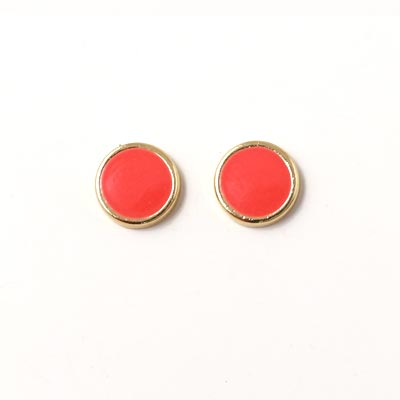 Enamel coin without hole, coral-red and gilded, 8x2mm, 2pcs.
