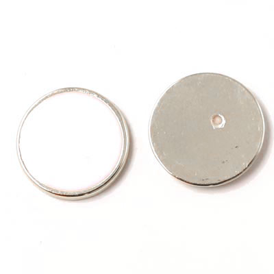 Enamel coin without hole, white and silver-plated, 16x2mm, 2pcs.