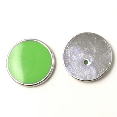Enamel coin without hole, lime-green and silvered, 16x2mm, 2pcs.