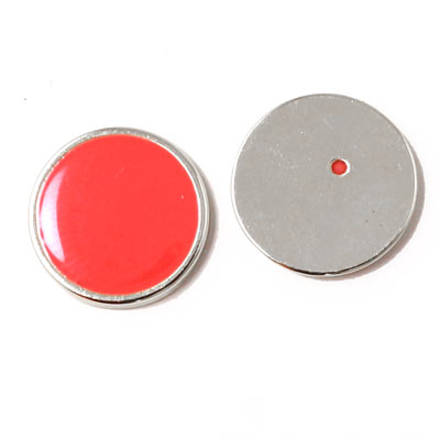 Enamel coin without hole, coral-red and silvered, 16x2mm, 2pcs.