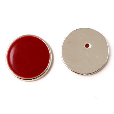 Enamel coin without hole, dark red and silver-plated, 16x2mm, 2pcs.