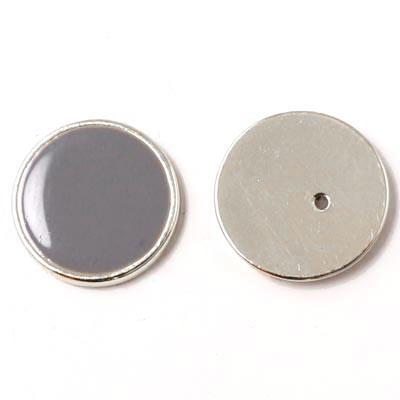 Enamel coin without hole, grey and silver-plated, 16x2mm, 2pcs.