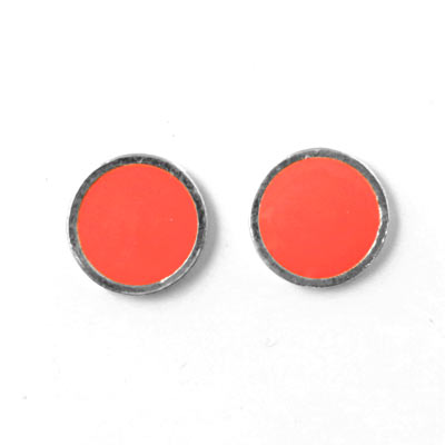 Enamel coin without hole, coral-red and silvered, 12x1.5mm, 2pcs.