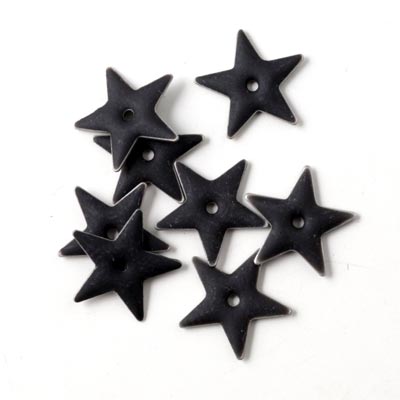 Enamel star, black with a matt finish, hole in the middle, silvered border, 17mm, 2pcs