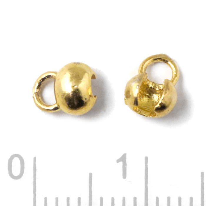 Crimp end with sideway closing and eye, gold plated silver, 6.5x2.5mm., 2pcs