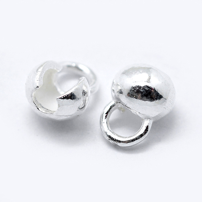 Crimp end, bead tip with sideway closing and eye, silver, 6.5x2.5mm., 2pcs