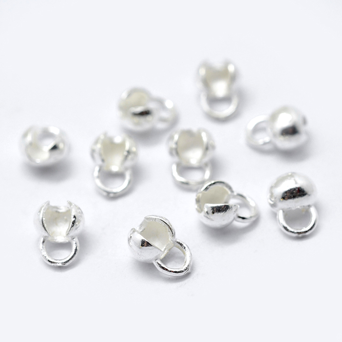 Crimp end, bead tip with sideway closing and eye, silver, 6.5x2.5mm., 2pcs