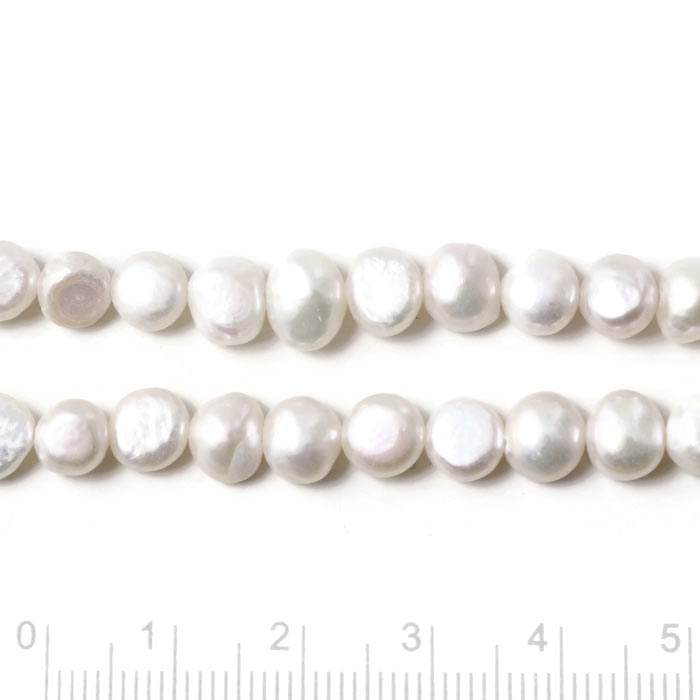 Freshwater pearl, baroque, white, ca. 6x7mm, A-grade, 6 pcs