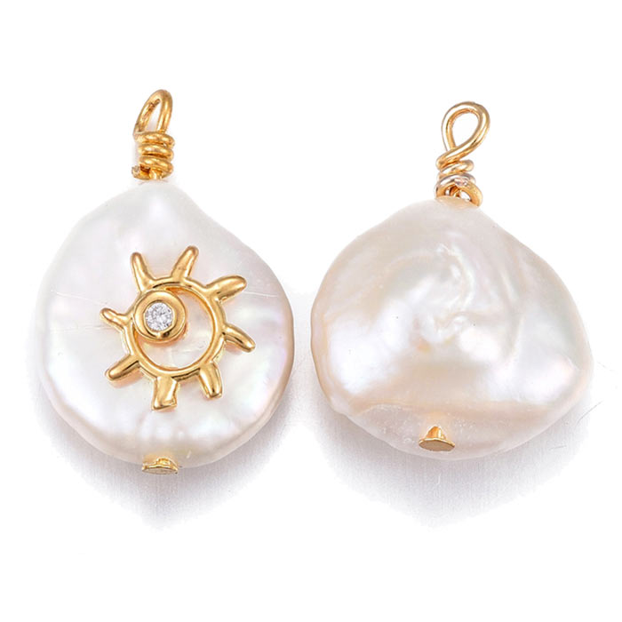 Freshwater pearl pendant, sun and CZ, white, gold-plated brass, approx. 15x13x6 mm, 1 pc