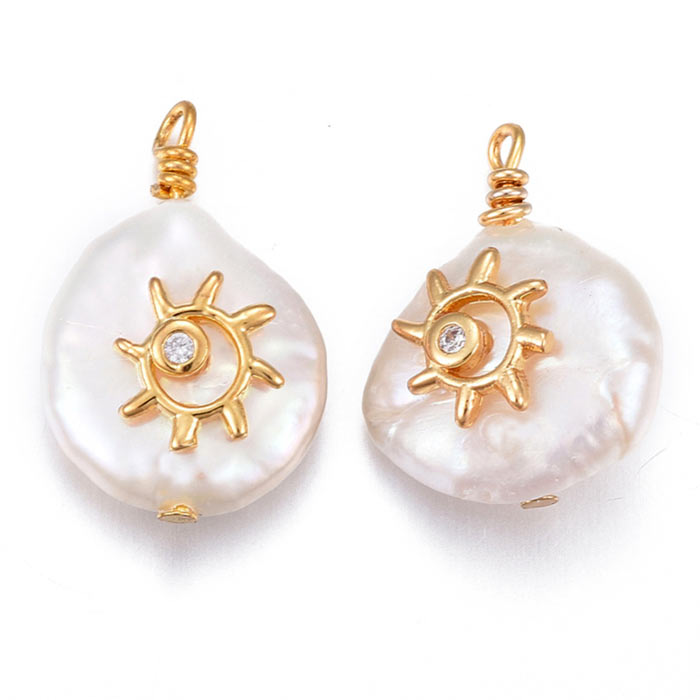 Freshwater pearl pendant, sun and CZ, white, gold-plated brass, approx. 15x13x6 mm, 1 pc