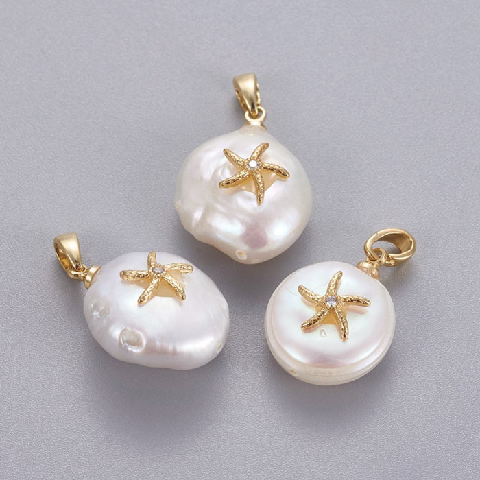 Freshwater pearl pendant, starfish with CZ, white, gold-plated brass, approx. 15x13x6 mm, 1 pc