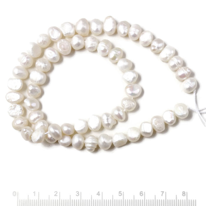 Freshwater pearl, full strand, baroque, white, ca. 7x8x6 mm, 49pcs