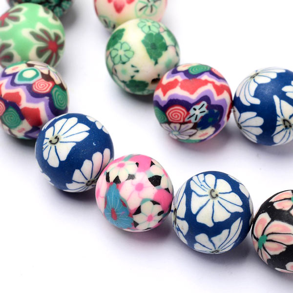 Fimo beads, flower print, 12mm, mixed colours, 10pcs.