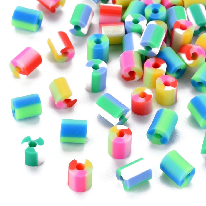 Fimo beads, striped, cylinder, 5x3,5-7 mm, mixed colours, 30pcs