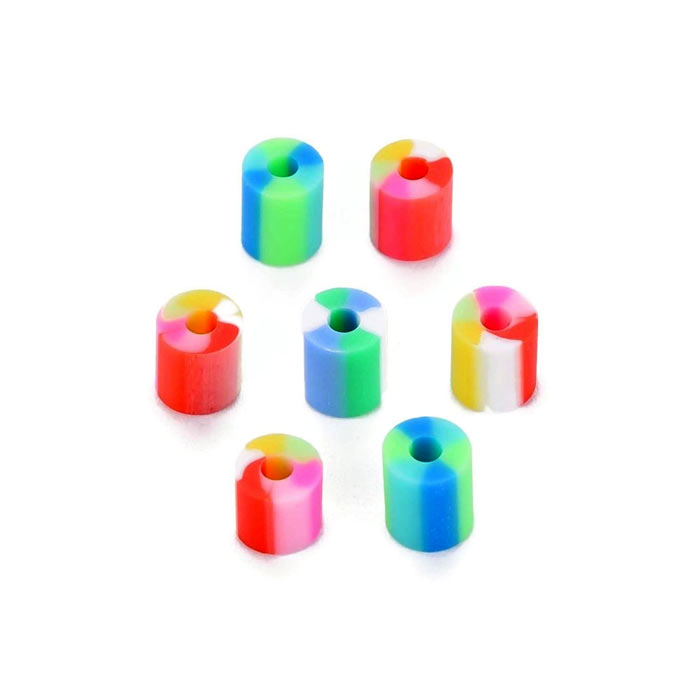 Fimo beads, striped, cylinder, 5x3,5-7 mm, mixed colours, 30pcs