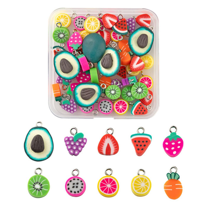 Fruit pendants, fimo, mixed colours, 10-16mm, plastic box of 50