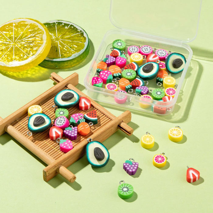 Fruit pendants, fimo, mixed colours, 10-16mm, plastic box of 50