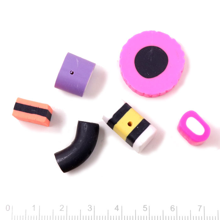 Fimo beads, imitation liquorice, mix, approx. 9-23x10-23x11 mm, 1.5 mm hole, 6 pcs