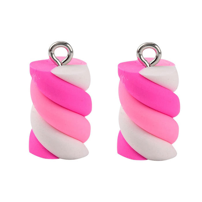 Pendant, Fimo clay, imitation marshmallow with metal eyelet, pink, 17x10 mm, 2 pcs