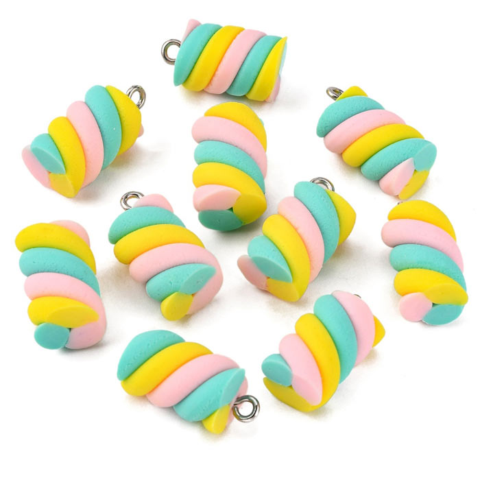 Pendant, Fimo clay, imitation marshmallow with metal eyelet, green-yellow-pink, 17x10 mm, 2 pcs