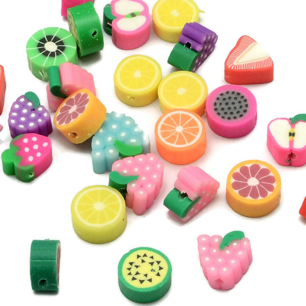 Fimo beads, fruits, mixed colors, ca. 10x10x4mm, 1,5mm hole, 20pcs