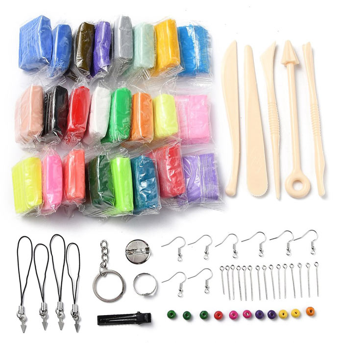 Fimo clay, set with tools, jewellery parts and 24 mixed colours, 20 grams each.