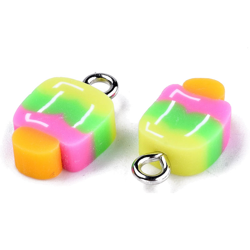 Fimo pendant, popsicle stick, yellow, pink, green, 14x8x4, inner eye diameter 2 mm, 4 pcs