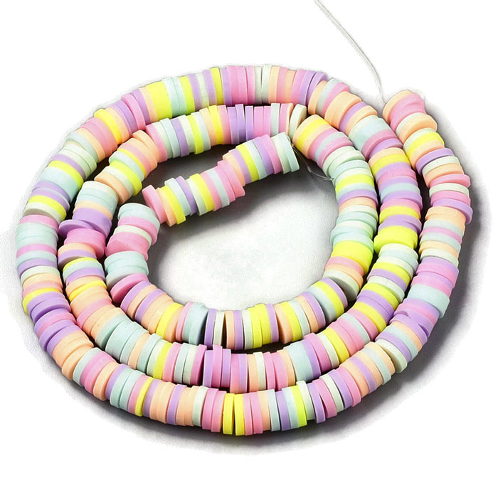 Fimo beads, full strand, Heishi, coin shape, mix pastel colours, 6x1 mm, 380 pcs