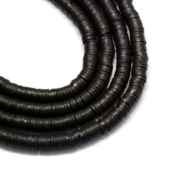 Fimo beads, coin shape, full strand, Heishi style, black, 6x1mm, 380pcs