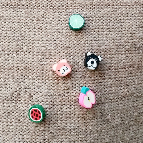 Fimo beads, fruits, mixed colors, ca. 10x10x4mm, 1,5mm hole, 20pcs