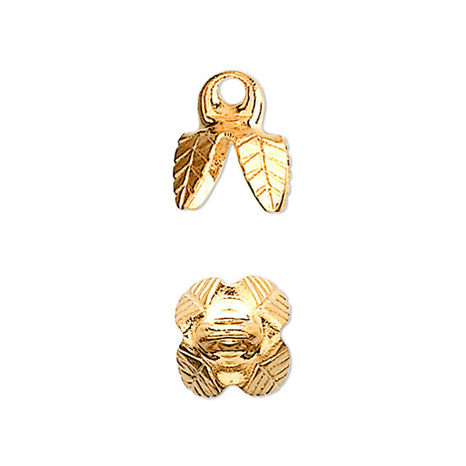 Leaf-shaped bead cap, tall with eye, gilded brass, 6x7mm, 10pcs.