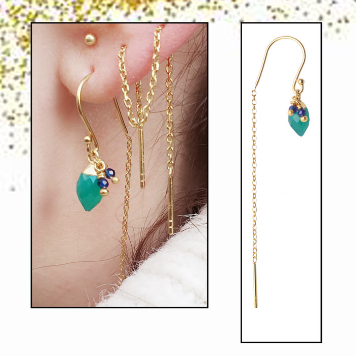 Earwires with ball, chain and peg, gold-plated silver, total length 75mm, 2pcs