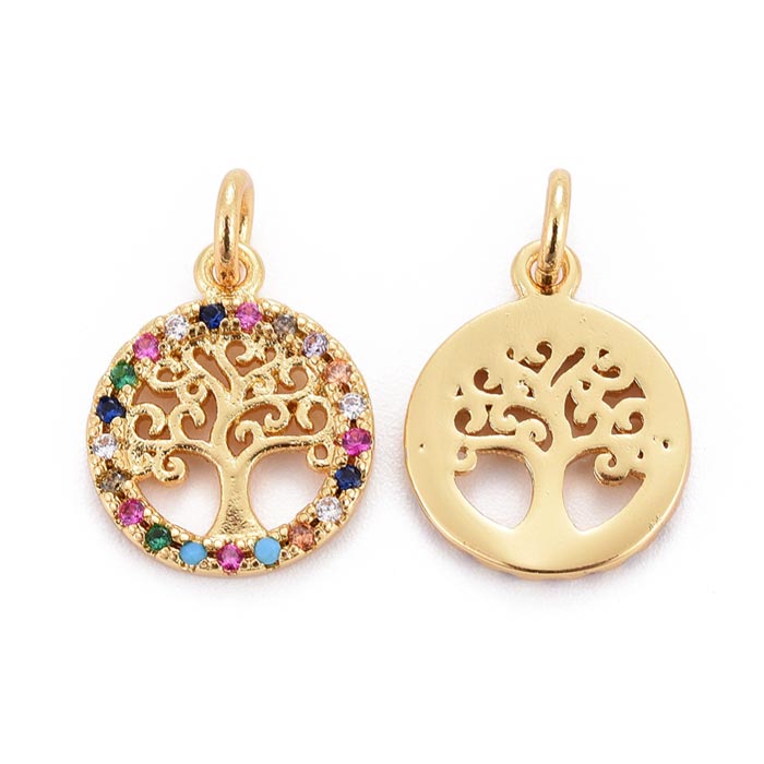Pendant, gold plated stainless steel, flat round, tree of life with Zircon, 12x1.5mm, 1pc