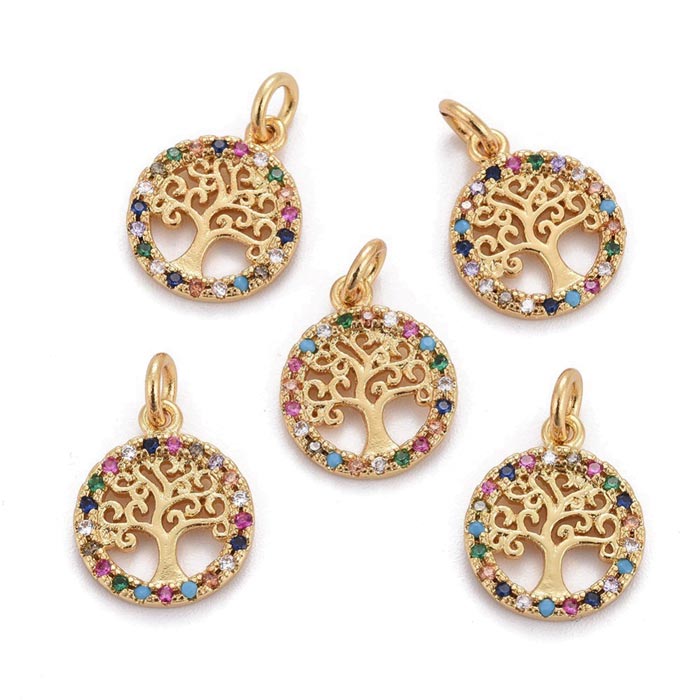 Pendant, gold plated stainless steel, flat round, tree of life with Zircon, 12x1.5mm, 1pc