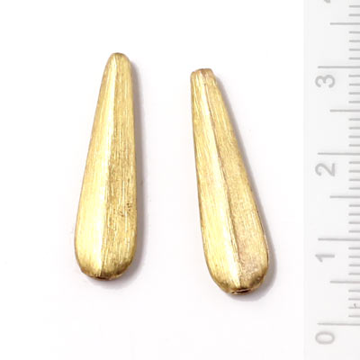 Long flat drop-shape, brushed, gold-plated brass, vertical hole, 27x4x8mm, 2pcs.