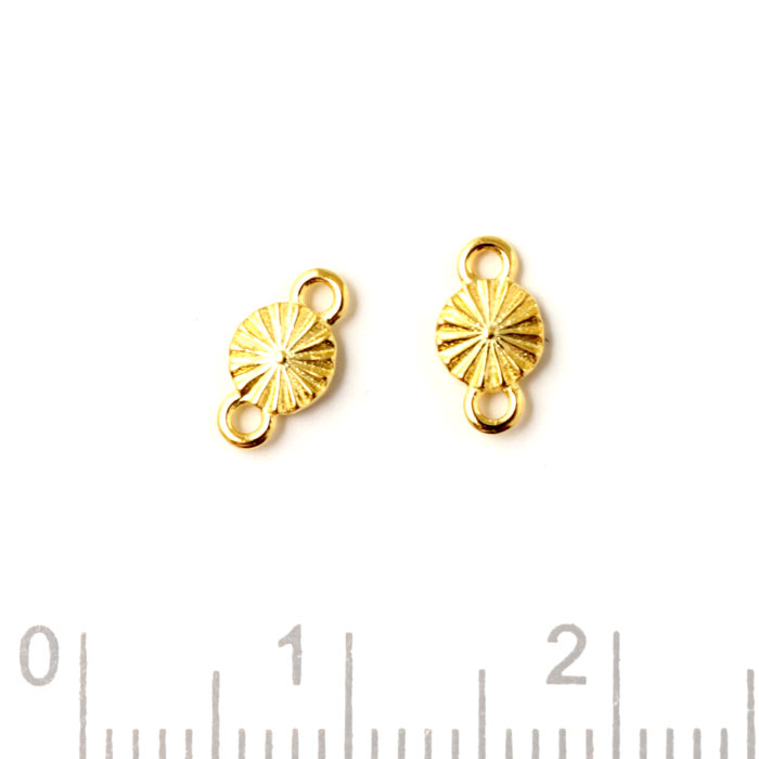 Link, round with sun beam facets and 2 loops, gold-plated silver, 4x8x1mm, 2pc