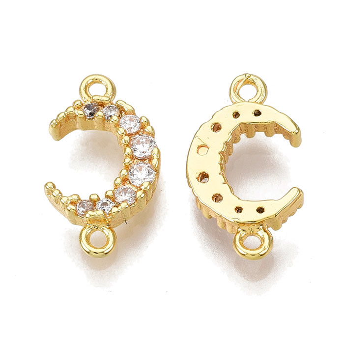 Link, Crescent moon with CZ and 2 loops, gilded brass, 13x7x2,5mm, 2pcs