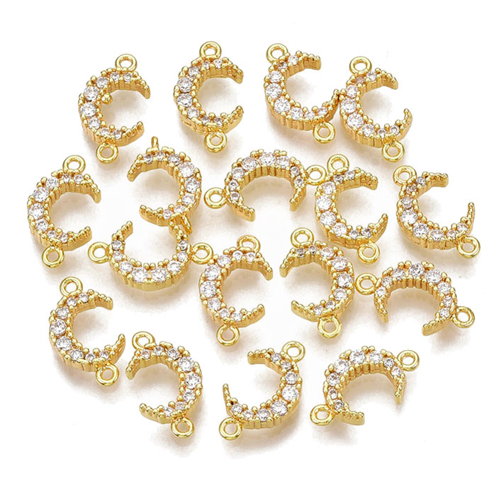 Link, Crescent moon with CZ and 2 loops, gilded brass, 13x7x2,5mm, 2pcs