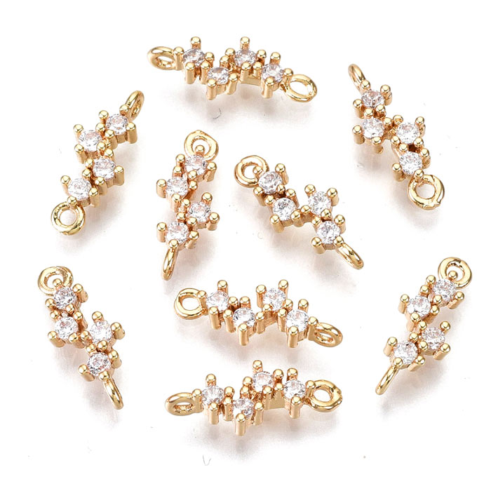 Link, ornament with zircon, gold plated brass, 2 loops, 13x5x2 mm, 2 pcs