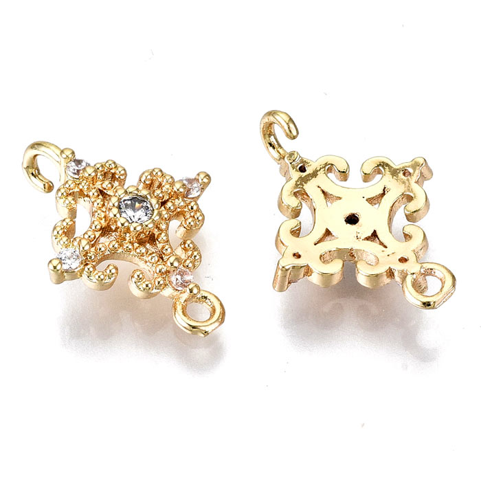 Link, star with zirconia, gold-plated brass, 2 eyelets, 17x13x3 mm, 2 pcs