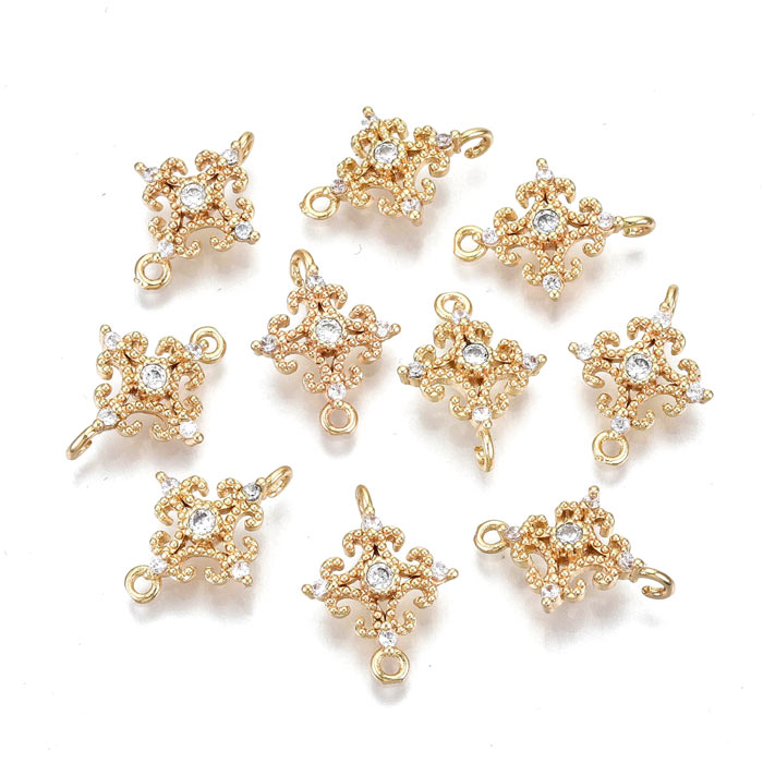 Link, star with zirconia, gold-plated brass, 2 eyelets, 17x13x3 mm, 2 pcs