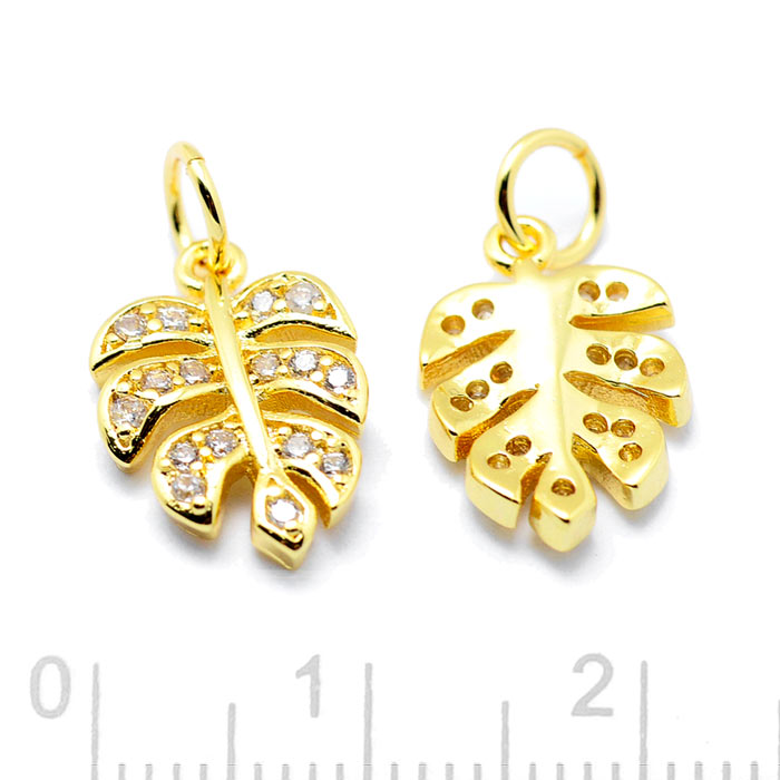Monstera Leaf with zircon and jump ring, gilded steel pendant, 14x9.5x2mm, 1pc