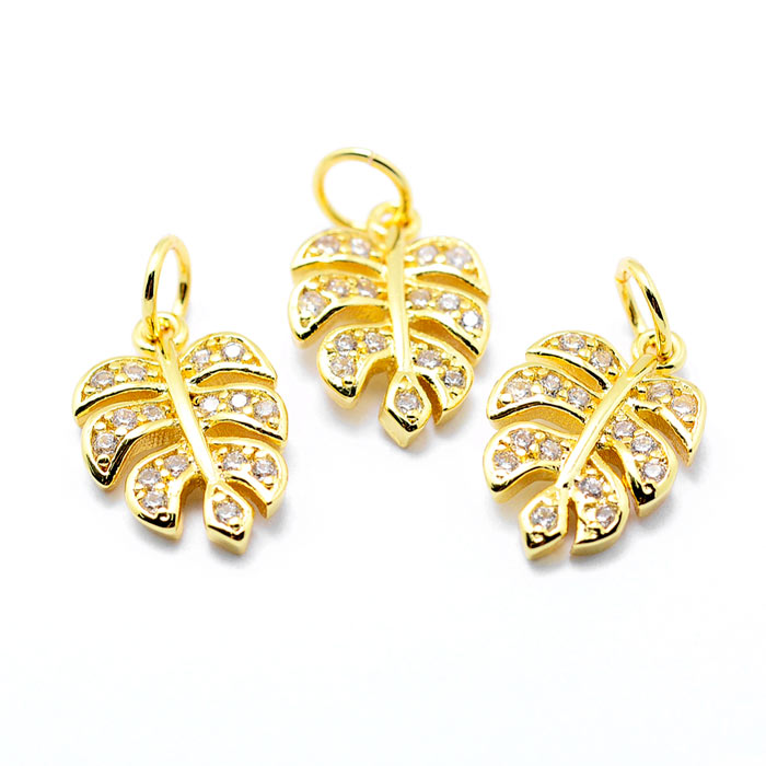 Monstera Leaf with zircon and jump ring, gilded steel pendant, 14x9.5x2mm, 1pc
