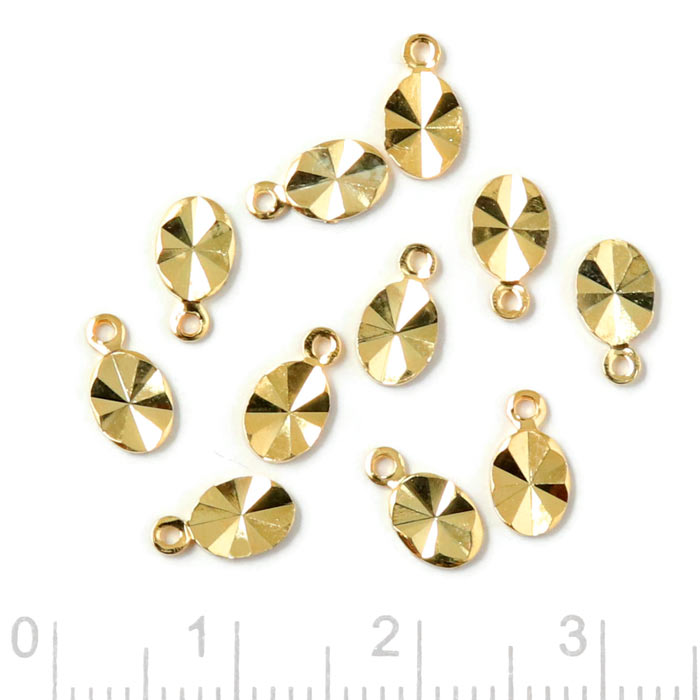 Charm, gilded brass, diamond cut, faceted oval with loop, 8x4,5x1mm, 6pcs.