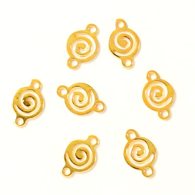 Connector bead, gilded brass silhouette with spiral motif, 2 eyes, 10pcs.