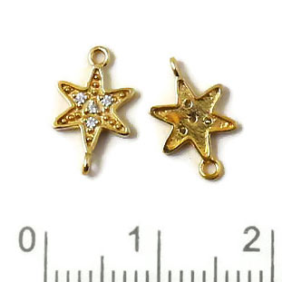 Connector, star with Zirkon, two eyes, gilded Sterling silver, 13x8mm, 1pc.