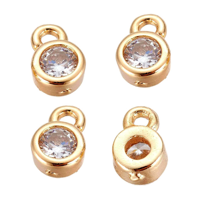 Small pendant with Cubic Zircon and loop, gold plated brass, 6x4x2mm, 4pcs